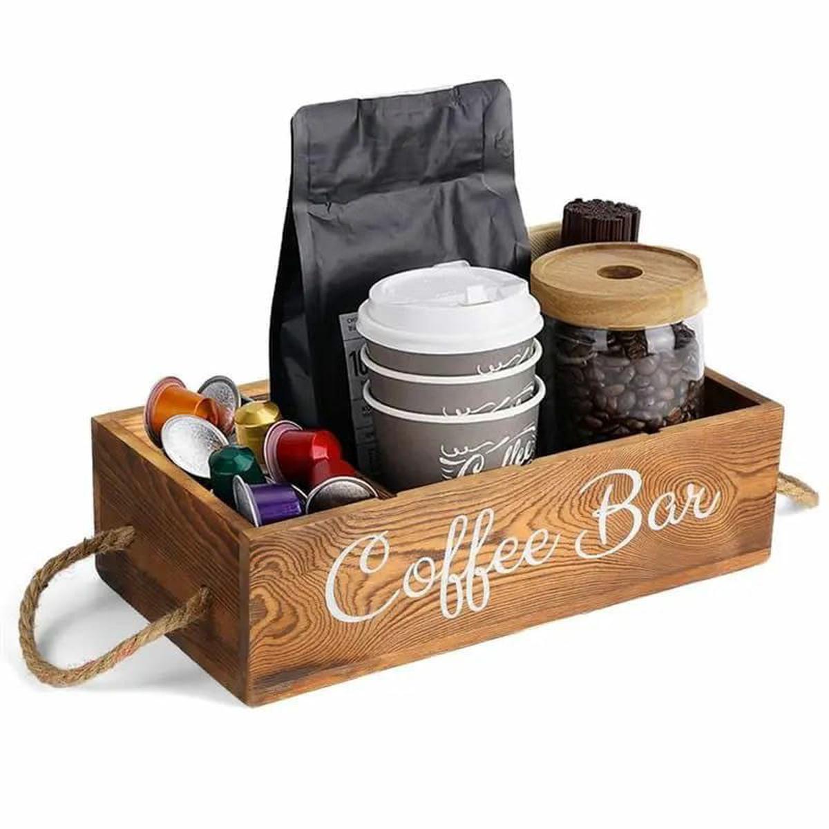 Wooden Coffee & Tea Organizer Elegant Storage For Tea Bags Coffee Pods & Condiments