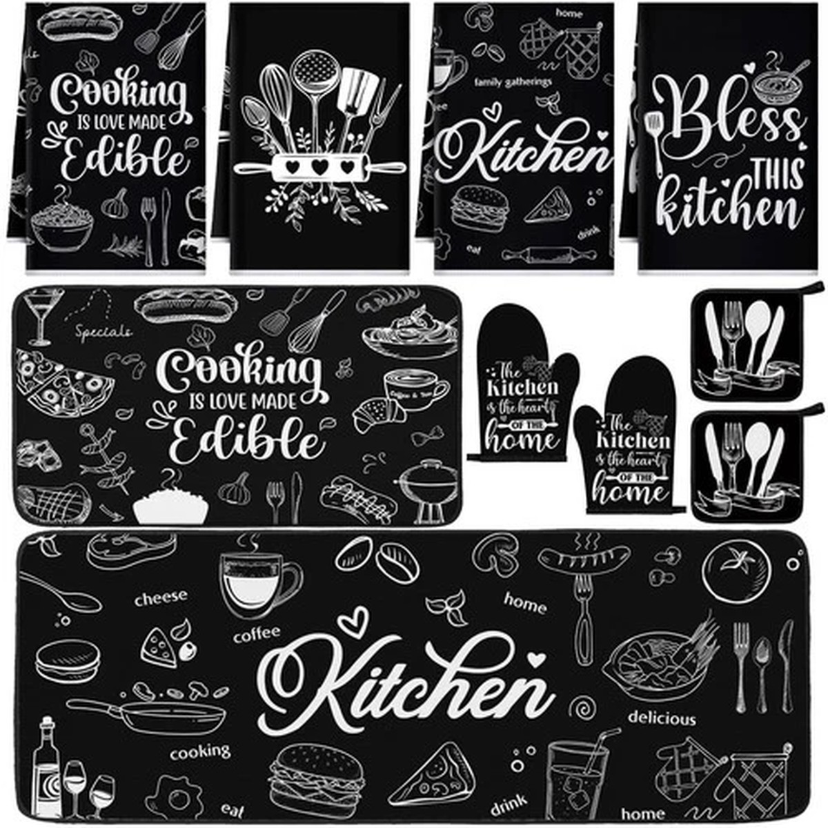 10 Pcs Black Kitchen Decor and Accessories Black Kitchen Towels Rugs Oven Mit...