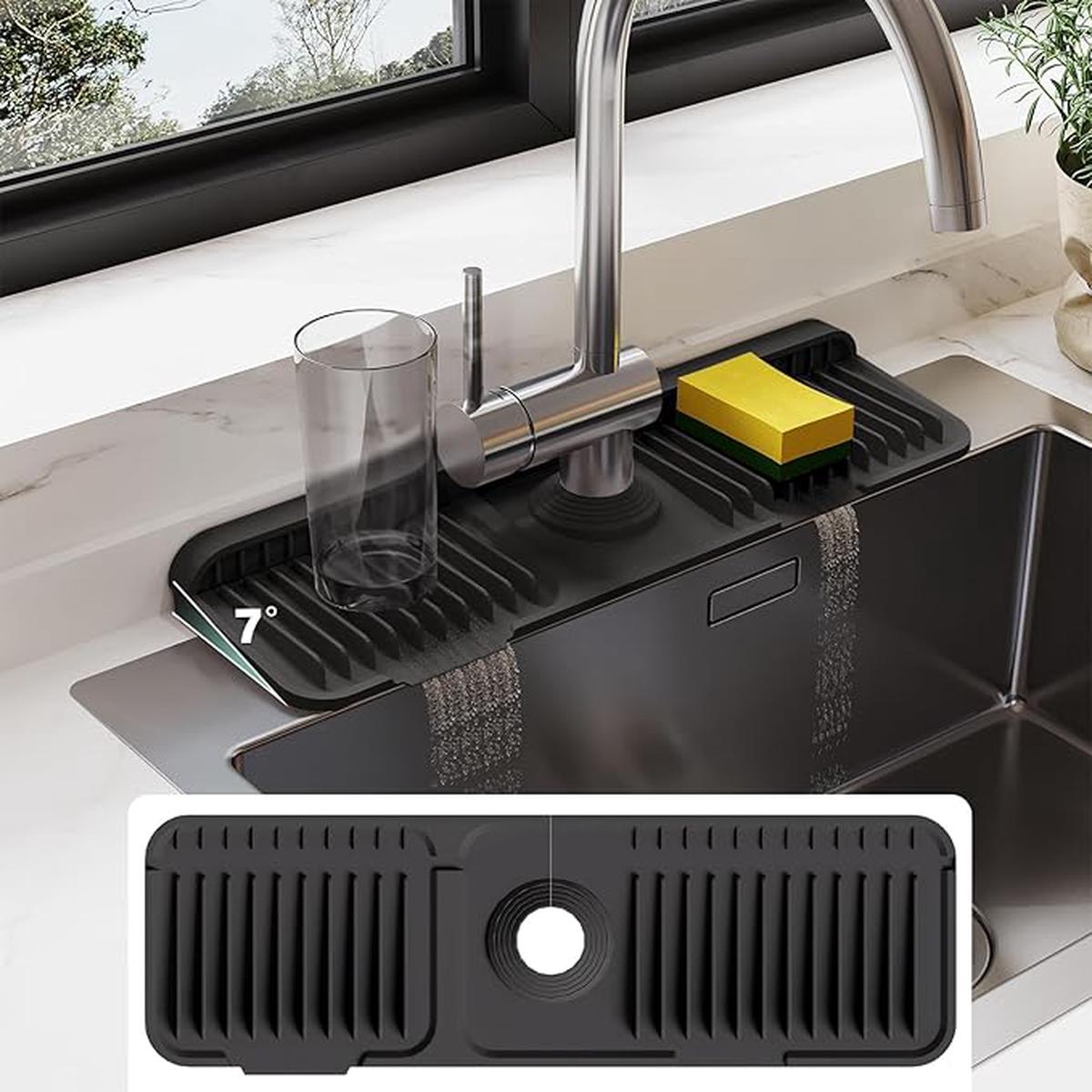 17.7 Inch Silicone Faucet Mat for Kitchen Sink Splash Guard - 7 Slope Water Draining Mat with Fasten Button for Bathroom Area (Black, 17.7''x5.5'')