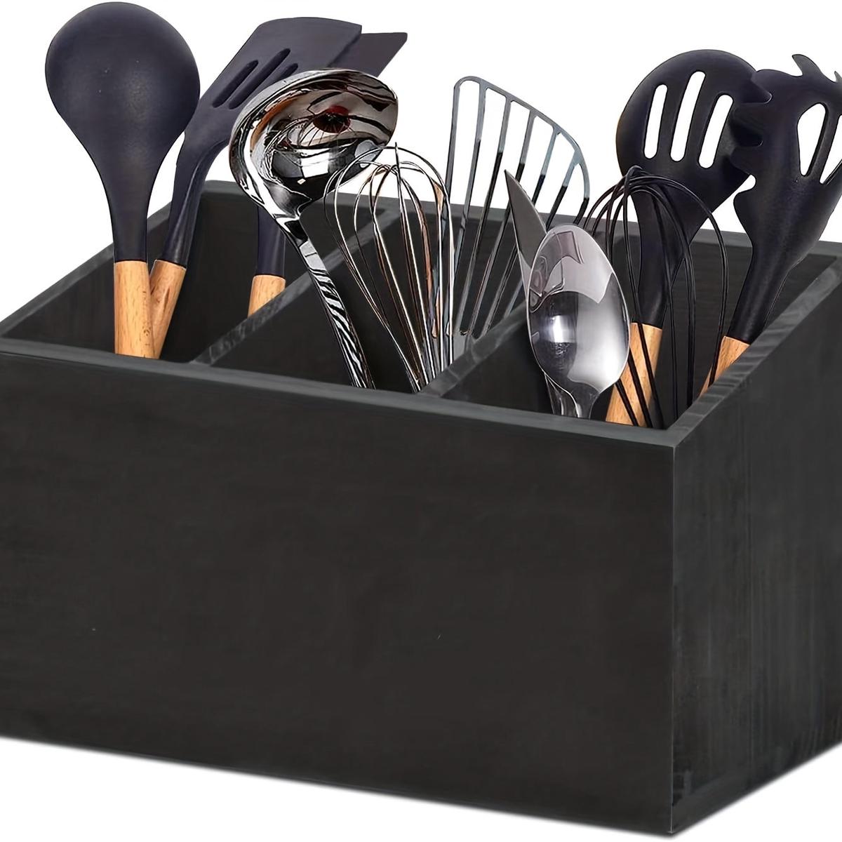1pc Farmhouse Style Wooden Tableware Rack - 2 Layers of Tableware Box for Kitchen Organization and Storage - Black Finish