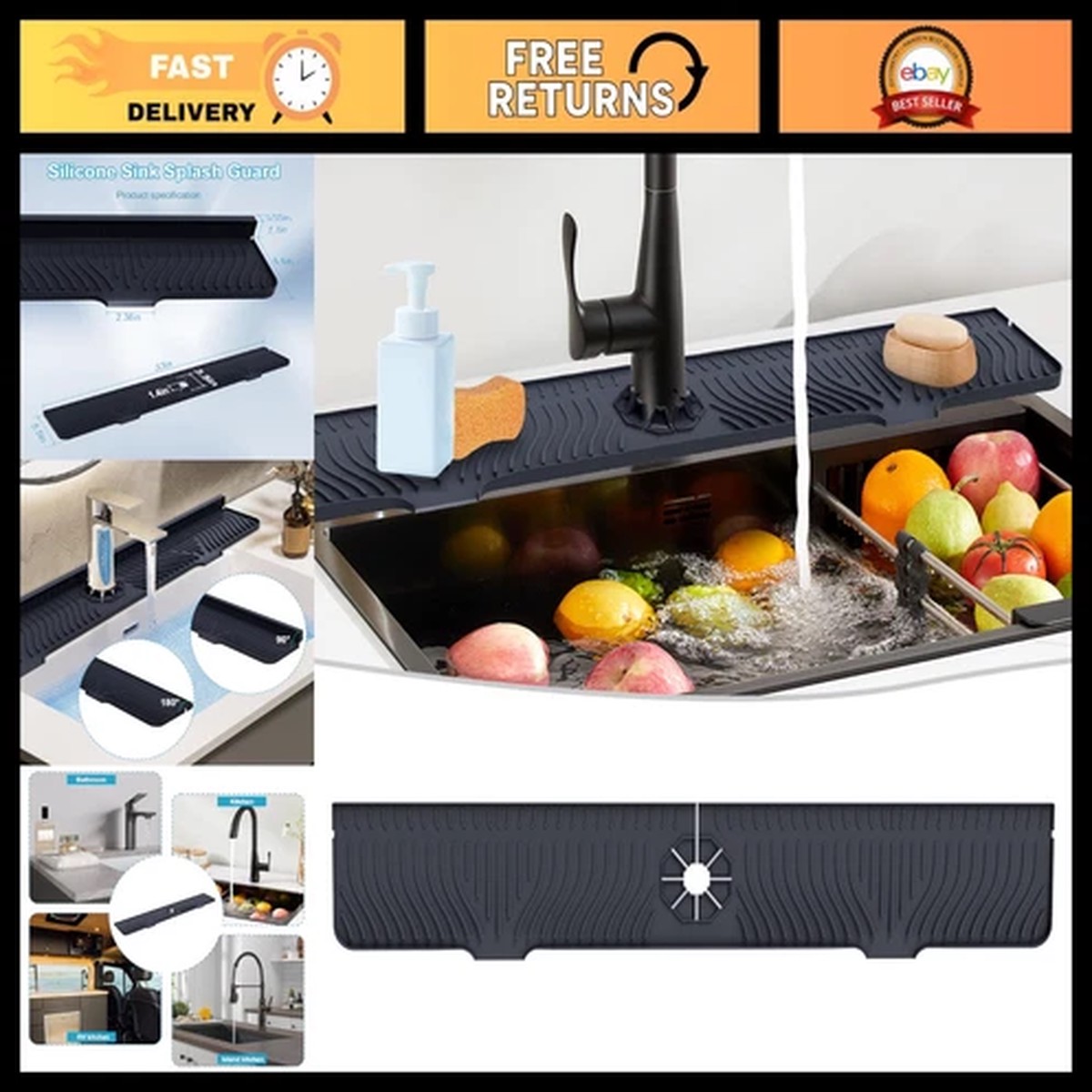 33" Silicone Sink Splash Guard Mat, Faucet Handle Drip Catcher Tray, Kitchen Bat