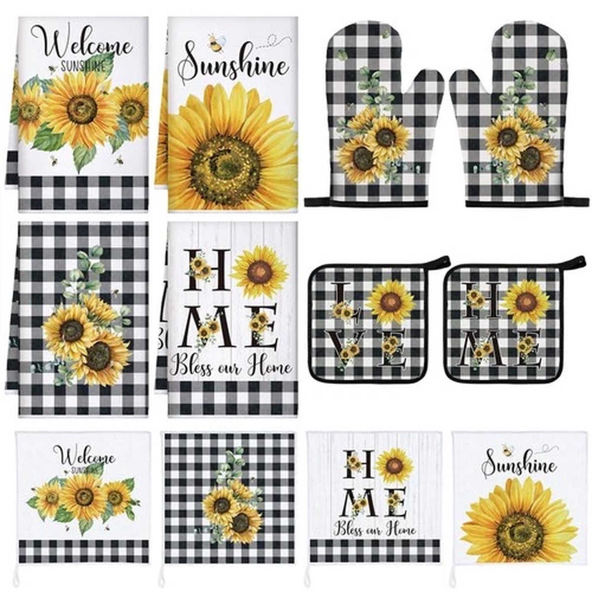 12 Pcs Farmhouse Sunflower Kitchen Decor and Accessories Sets 4 Black and Whi...
