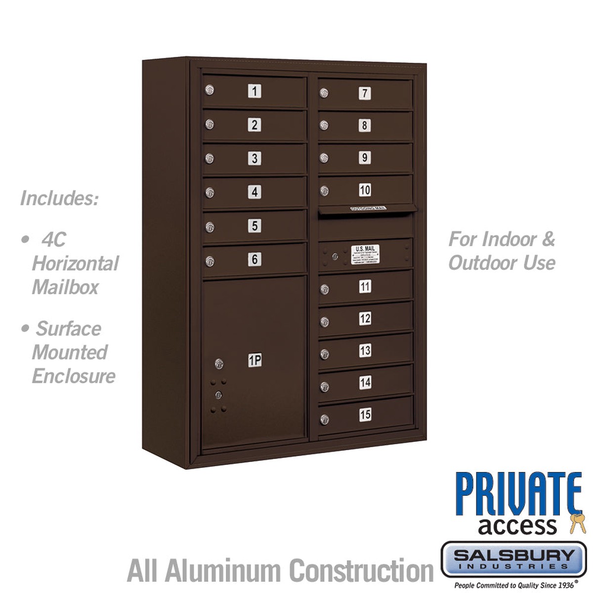 11 Door High Surface Mounted Mailbox with Parcel Locker in Bronze