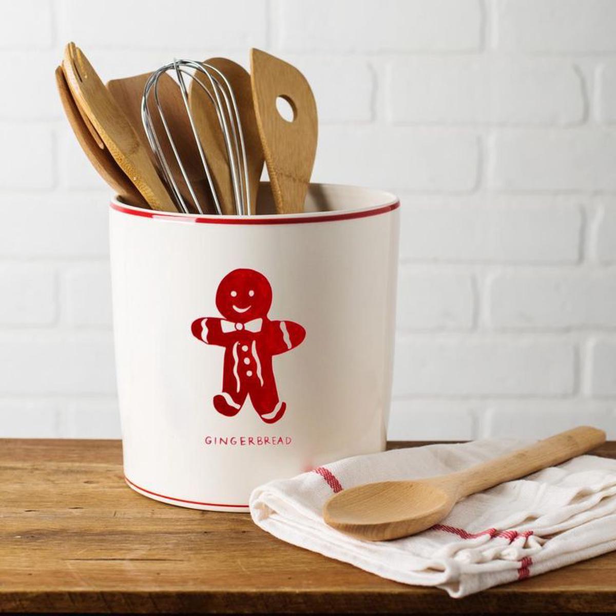 7 in. D White Gingerbread Round Utensil Crock