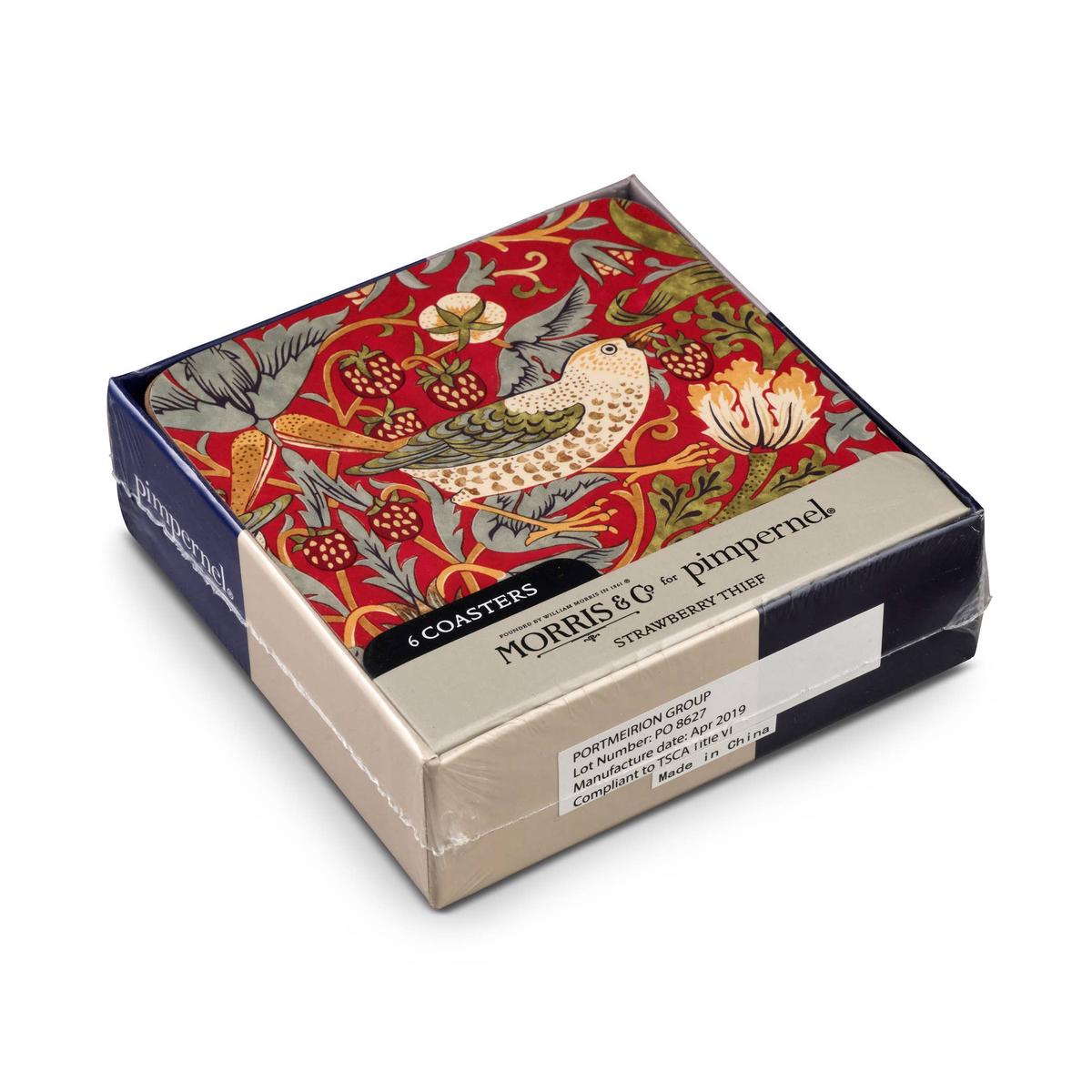 William Morris Strawberry Thief Coasters Set of 6 - Red: MDF, Cork Backed / Strawberry Thief Red