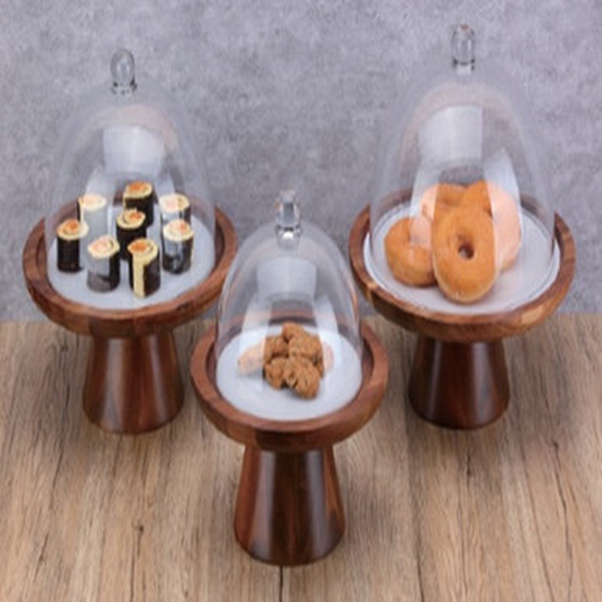 33 cm Cake Stand #J01-00203, Acacia Wood, with Glass Cover, One Set Only - Allegre Buffet