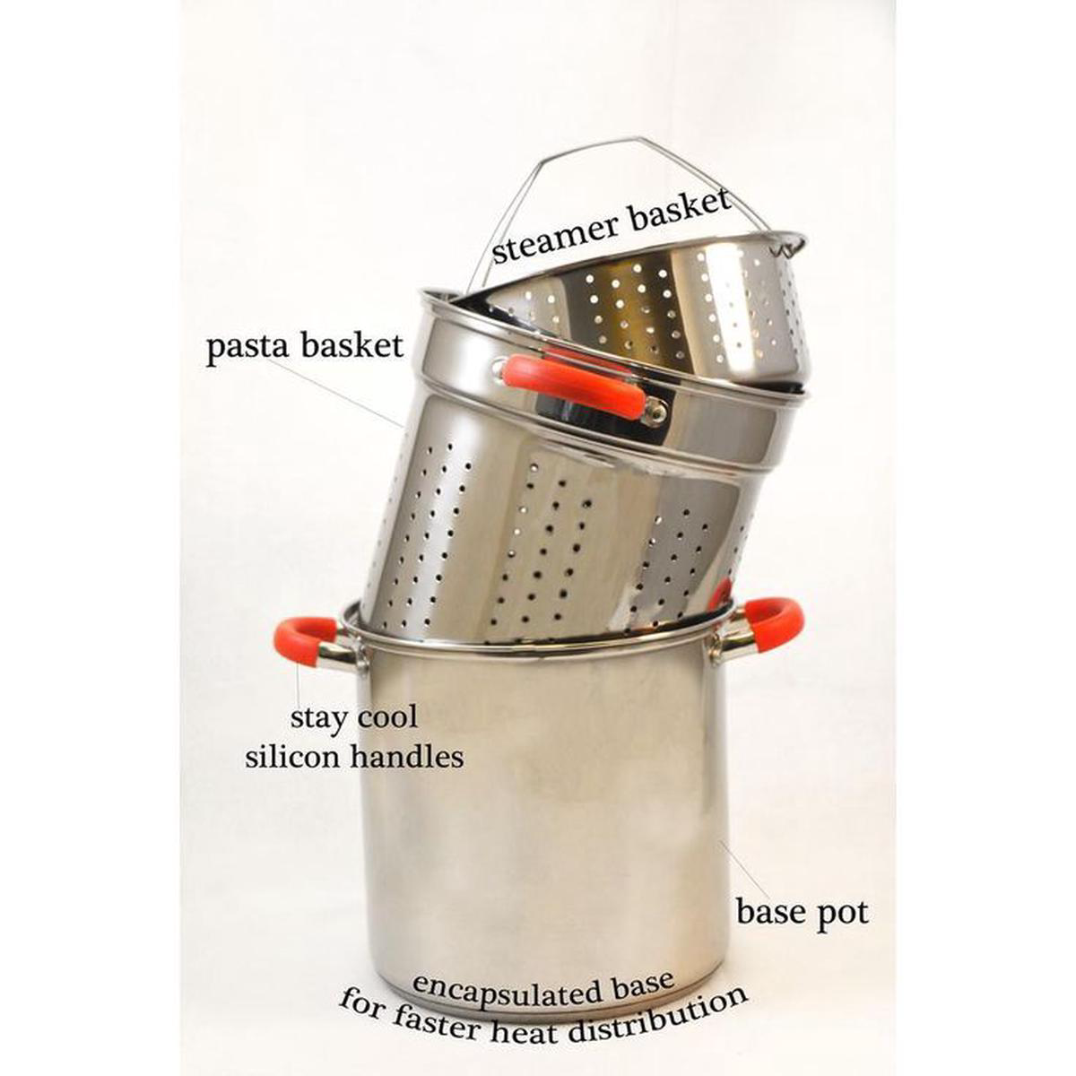 8 Qt Stainless Steel Multi-Cooker Pasta Pot with Lid and Red Silicone Handles