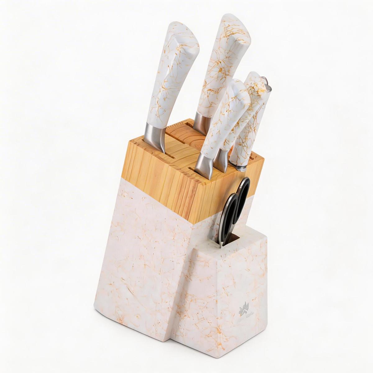White Marble Knife Block Set with Gold Veining & Wooden Top