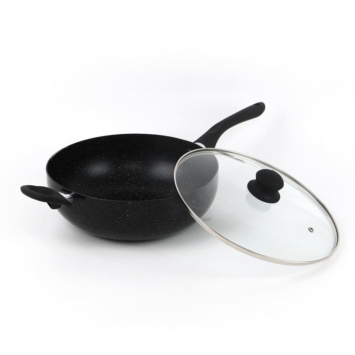 Wok in aluminum with lid - Granite Pro ceramic - Black