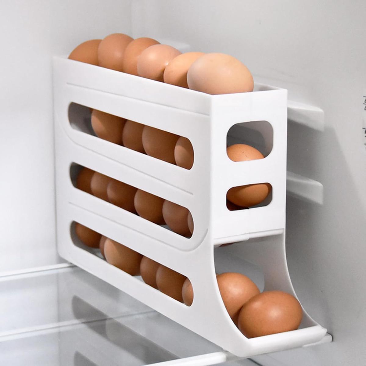 30 Eggs Egg Holder for Fridge - Auto Rolling Fridge Egg Organizer, Space-Saving, White
