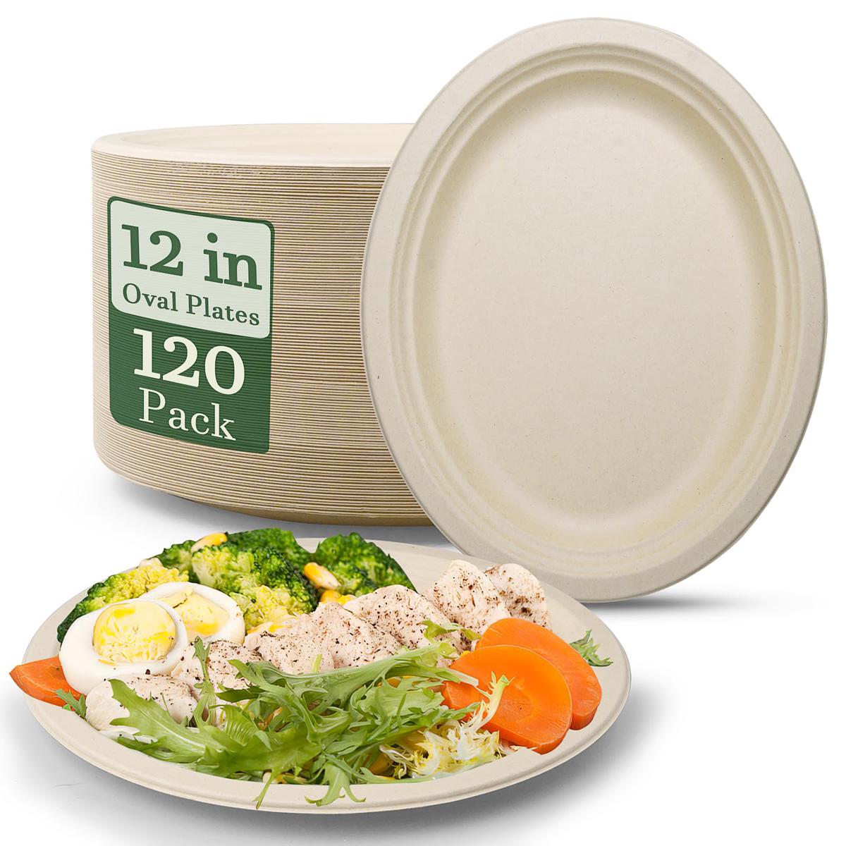 120 Pcs 12 Inch Super Strong Disposable Paper Plates 100% Compostable Oval Paper Plates Natural Biodegradable Eco-Friendly Plant Fiber Plates for Party, Gathering, Picnic and BBQ