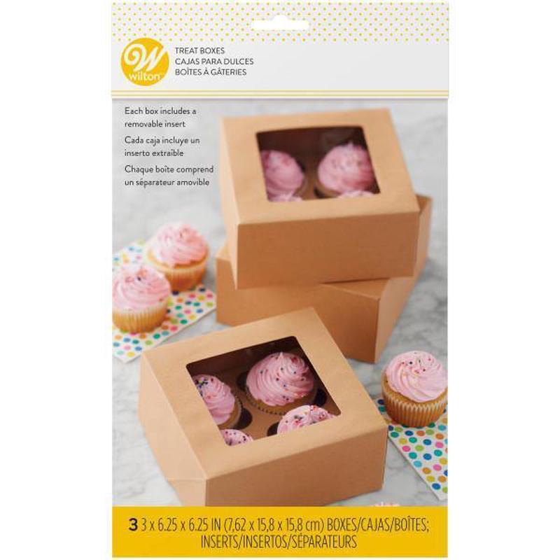 Wilton 3 Treat Boxes with Inserts Kraft Cardboard for 4 Cupcakes 3x6.25x6.25in