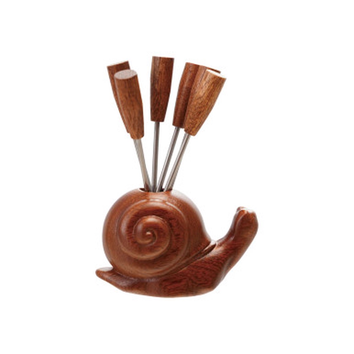 Wood Snail Shaped Holder w 6 Appetizer Picks