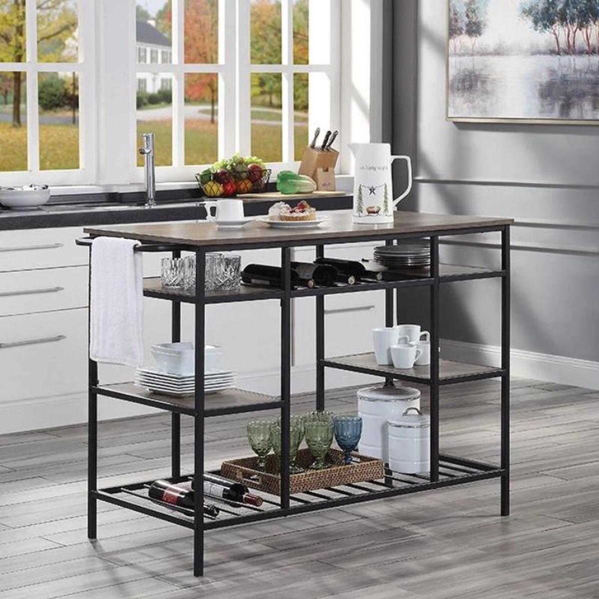 47 Inch Wood & Metal Kitchen Island with 4 Open Shelves in Rustic Oak & Black Finish