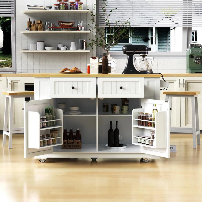 48-Inch Classic Kitchen Island With 2 Bar Stools and Power Outlet