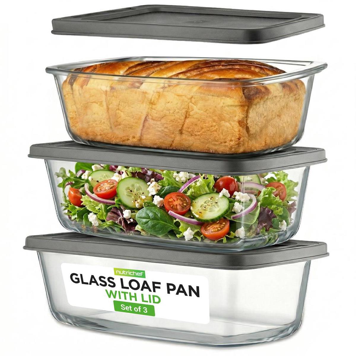 6-Piece Glass Loaf Pan Set - Airtight Lids, Stackable, Oven Safe, Clear