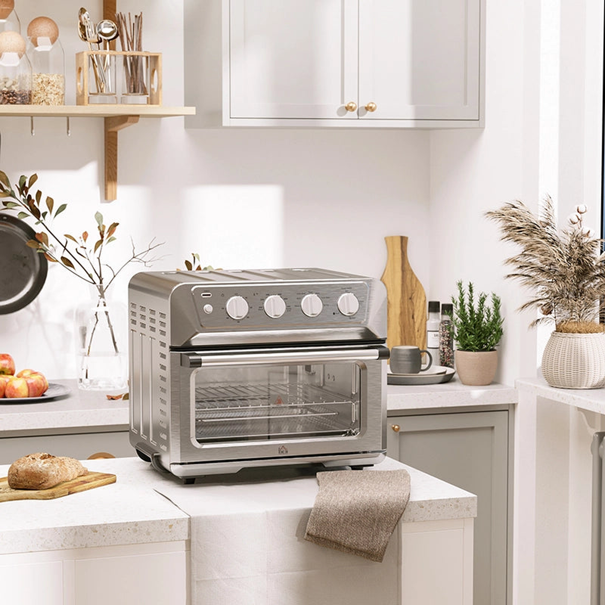 7in1 Silver Air Fryer Toaster Oven with Baking Pan, Frying Basket, Built-in Timer & Adjustable Temperature