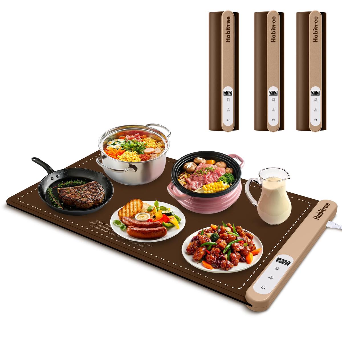 3-Pack Silicone Food Warming Mat & Food Warmers for Parties Buffet - Rapid Heating 6-Level Temp Control, Rollable Portable Easy Clean - Value Set for Gatherings & Home Daily UseBrown