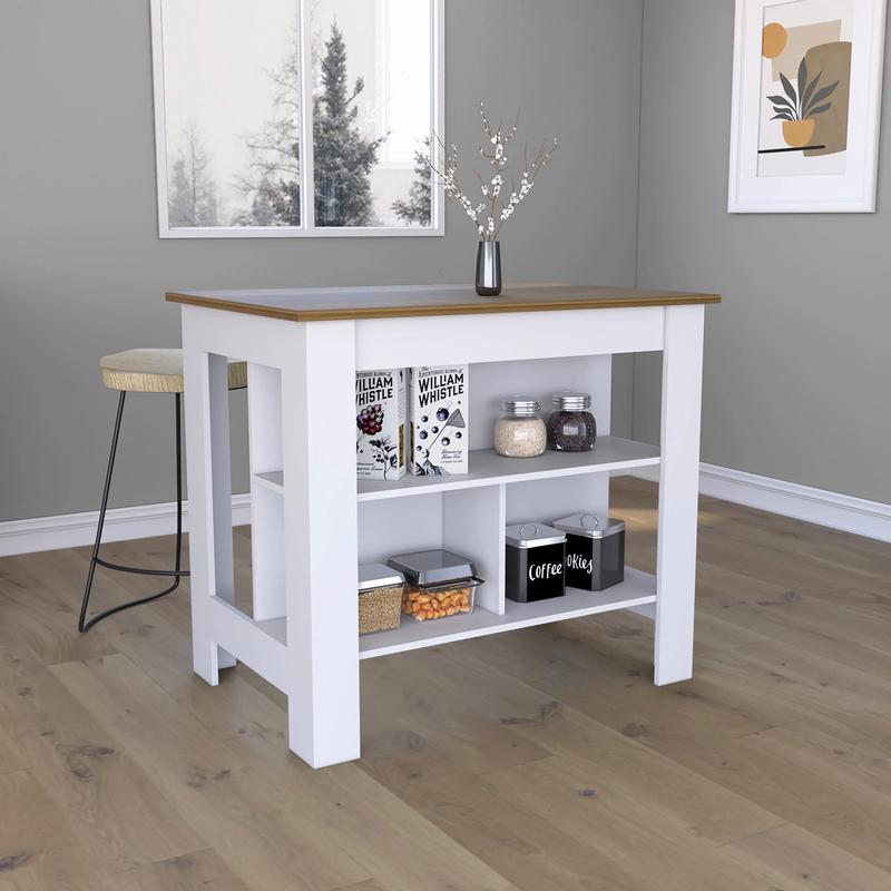 White Walnut Kitchen Island With Three Storage Shelves