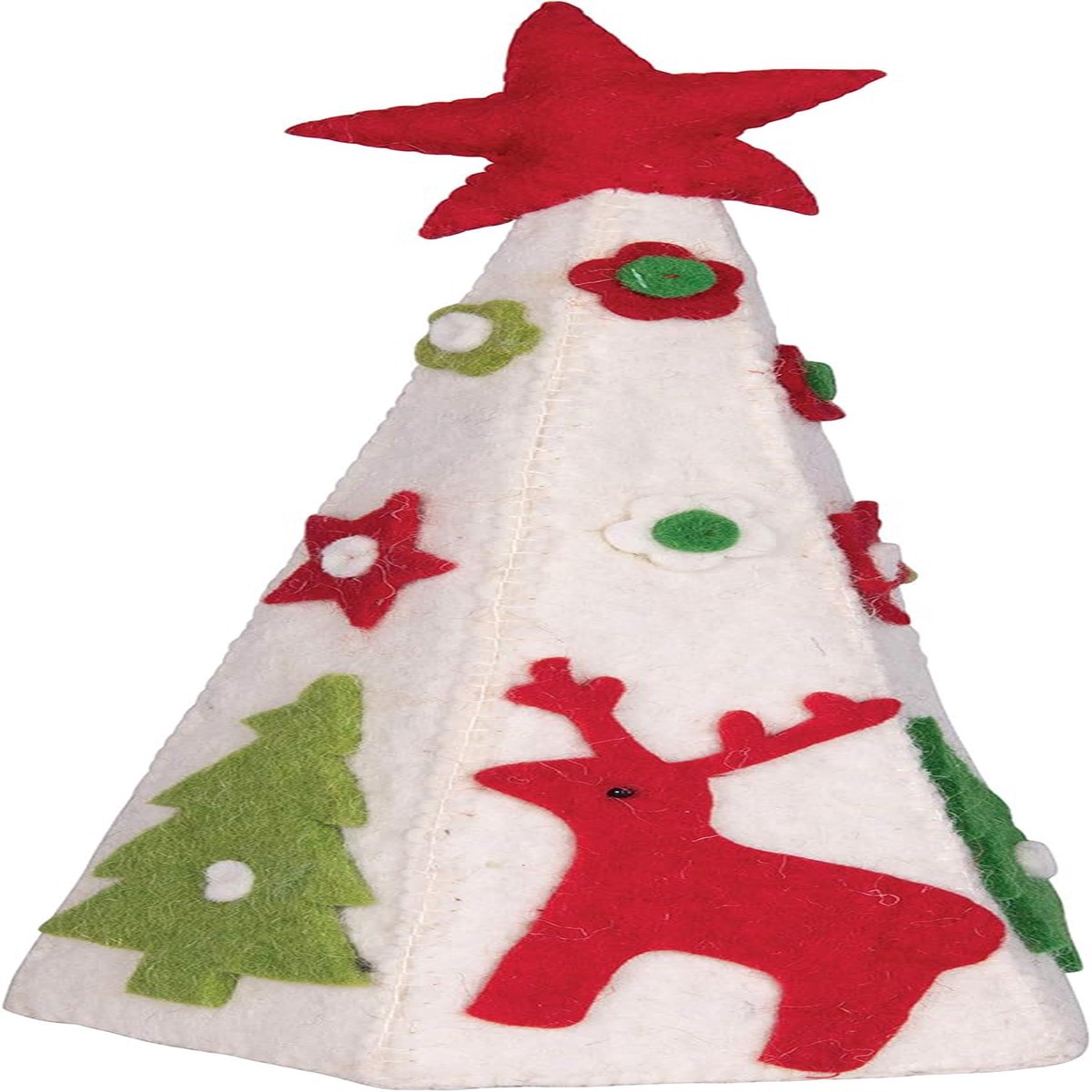 5-1/2" Round x 14"H Wool Felt Cone w/Appliqued Reindeer & Trees, Red, White & Green