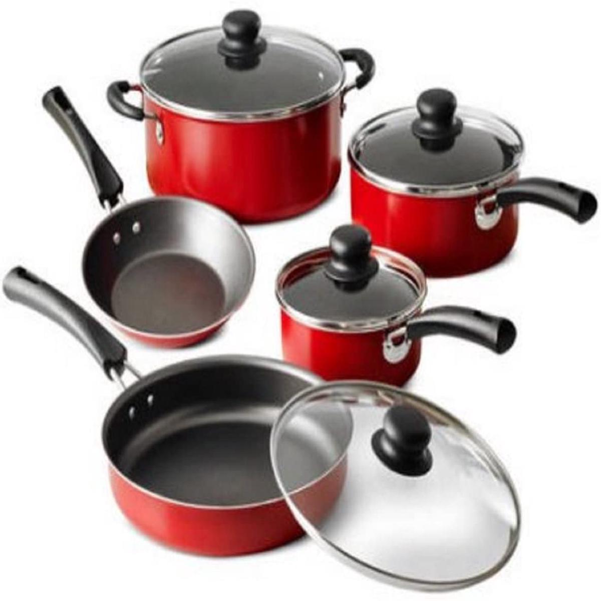 9-Piece Red Simple Cooking Nonstick Stay-Cool Handles Riveted Heat- And Shatter-Resistant Tempered Glass Lids Dishwasher-Safe Cookware Set - Black | 1