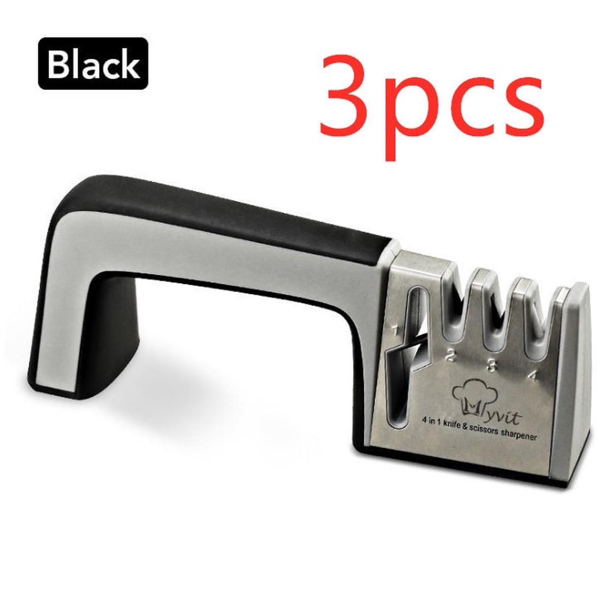 A Four-in-one Family Uses A Sharpener To Sharpen A Kitchen Knife - 3pcs black
