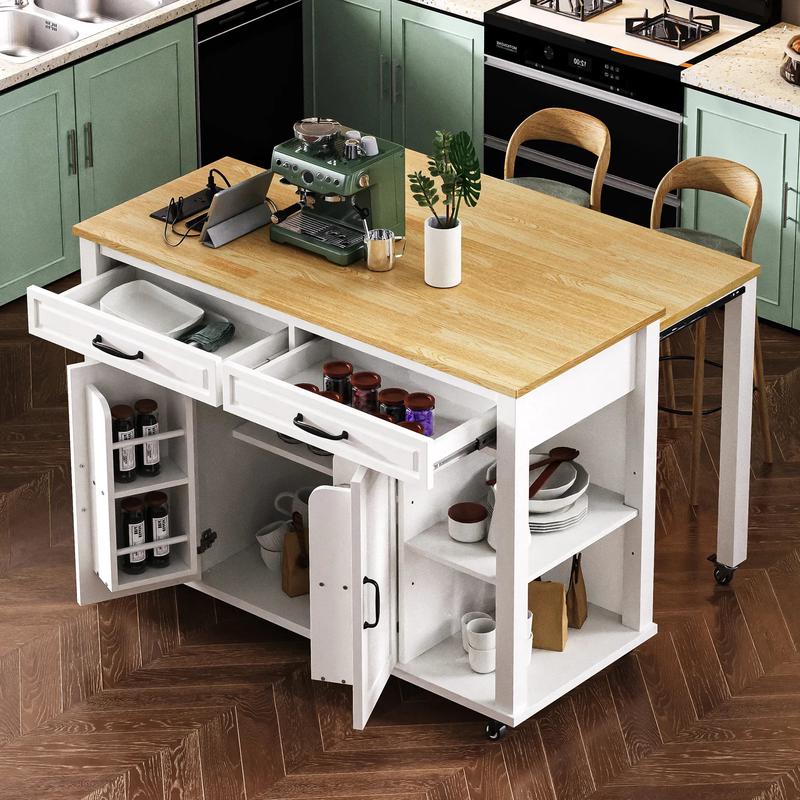 47-Inch Extendable Rubber Wood Veneer Kitchen Island