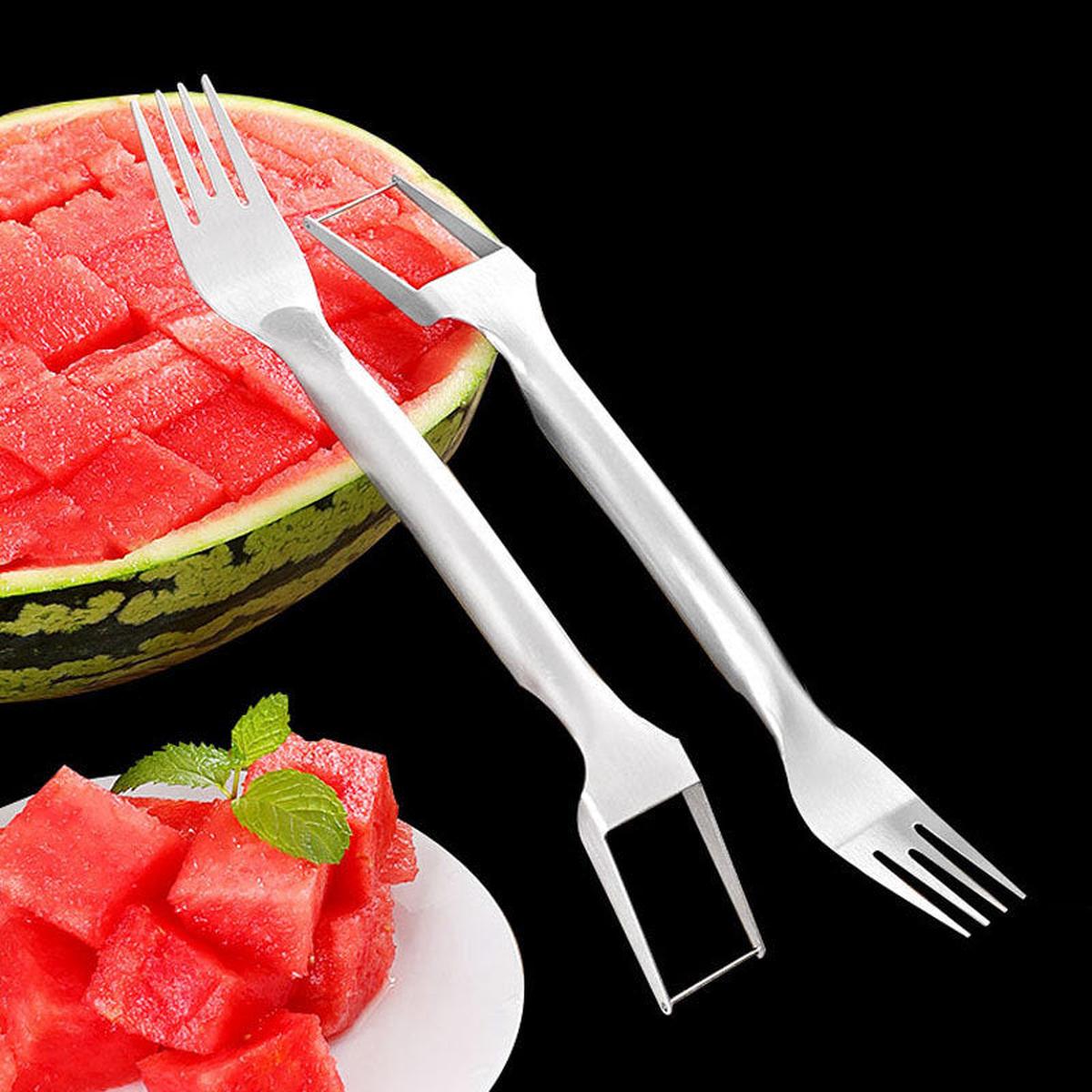 2 In 1 Watermelon Fork Slicer Multi-purpose Stainless Steel Watermelon Slicer Cutter Kitchen Fruit Cutting Fork Fruit Divider Kitchen Gadgets - Silver 2PCS