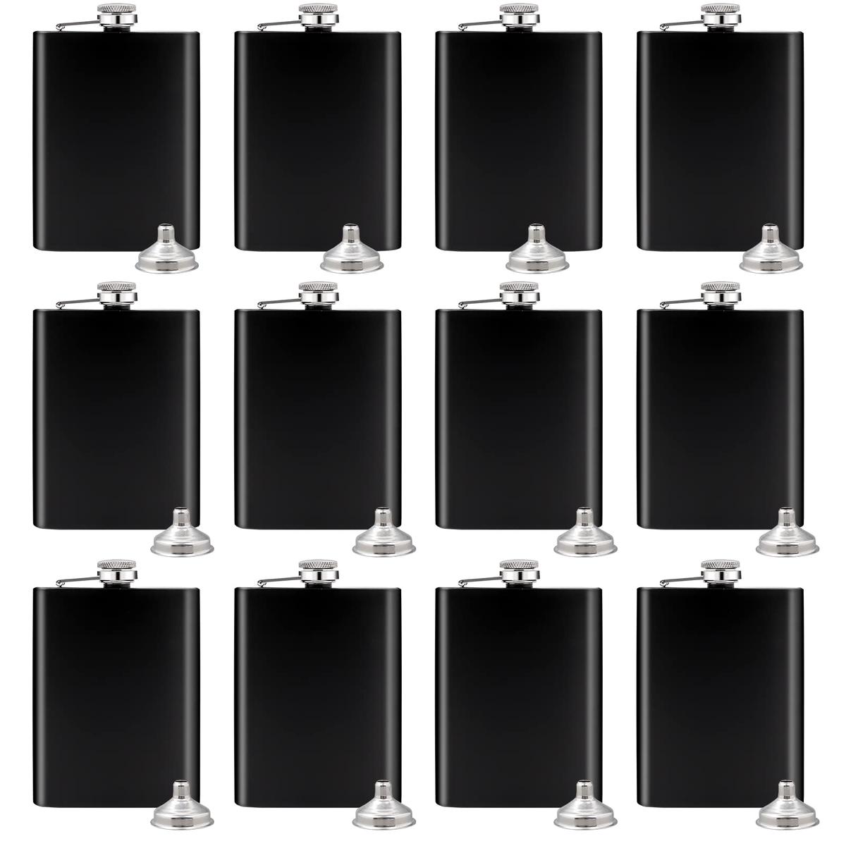 12 Pack 8 Oz Hip Flask for Liquor Matte Black Stainless Steel Leakproof with 12 Funnel for Gift, Fishing, Camping, Hunting, Hiking, Wedding Party, Traveling(Black)