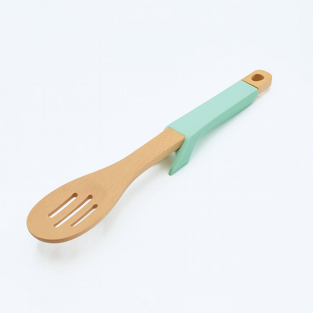 60304-11 Bamboo Slotted Spoon Mint Green Raised Handle