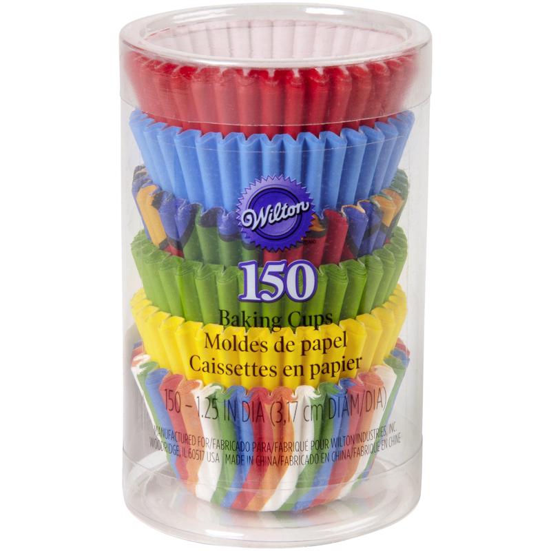 Wilton 150 Mini Paper Baking Cups Plain Rainbow (4) and Printed (2) 1.5in