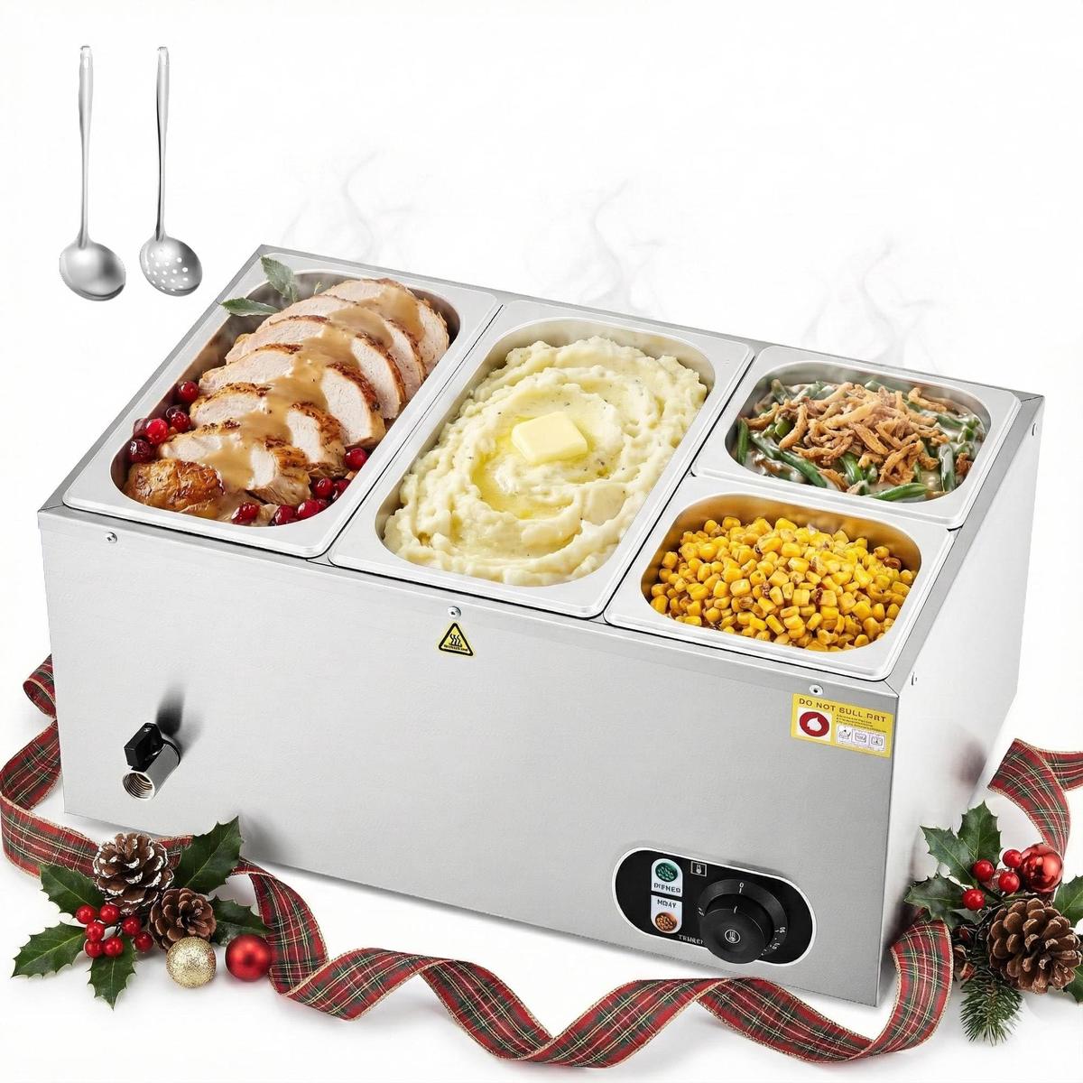 WILPREP Commercial Food Warmer with Two 1/3 & Two 1/6 Pans, 1500W Countertop Electric Warmer, 86-185F Adjustable Temp Control, Stainless Steel Buffet Bain Marie