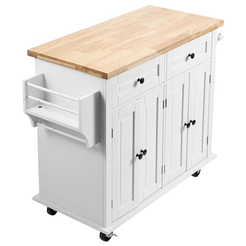 White Solid Wood Kitchen Island Cart With Storage