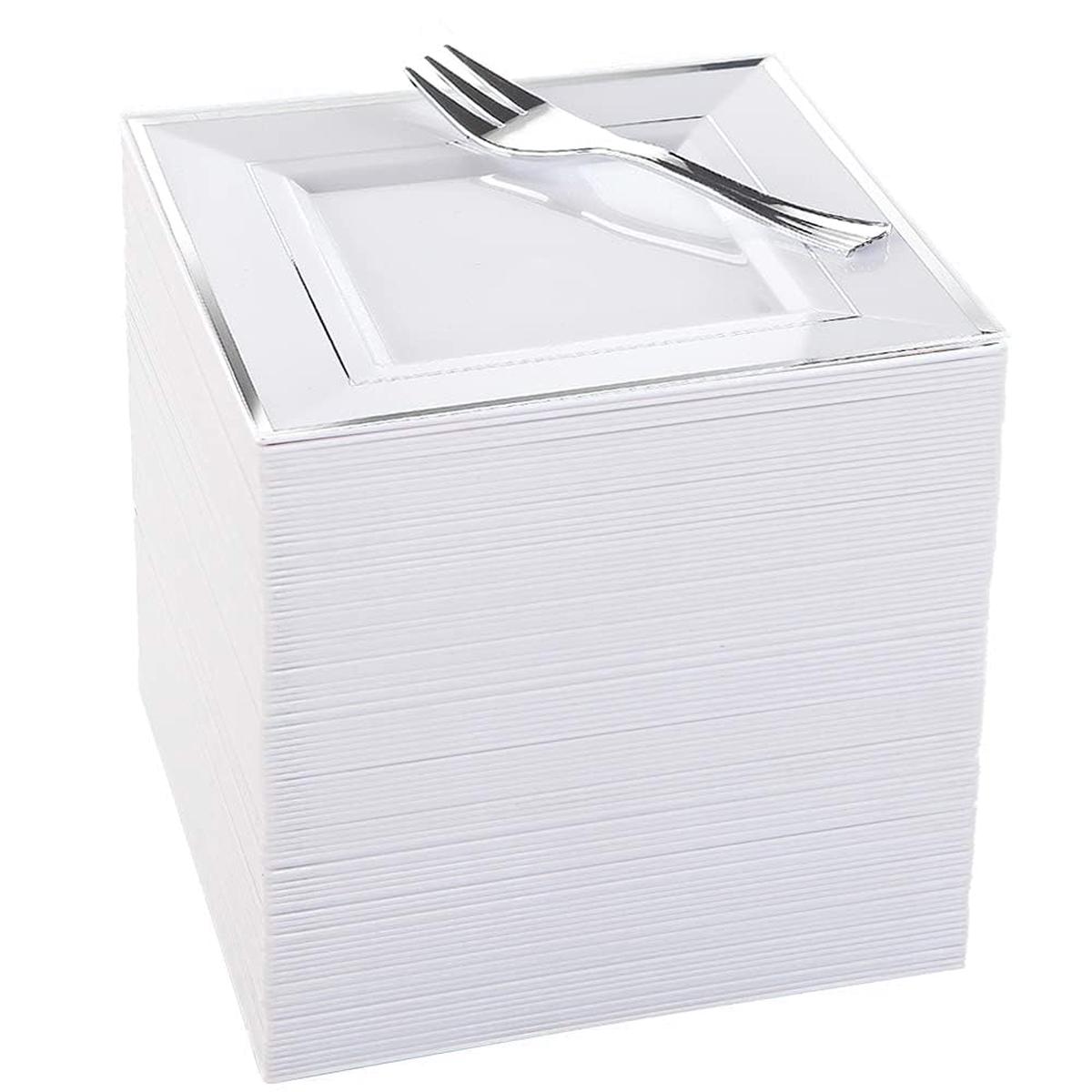 WDF Silver Plastic Dessert Plates with Plastic Forks - 6 100 Square Disposable Appetizer Plates Small Plates Cake Plates with Silver Rim &100 Small Appetizer Forks for Christmas Party/Wedding