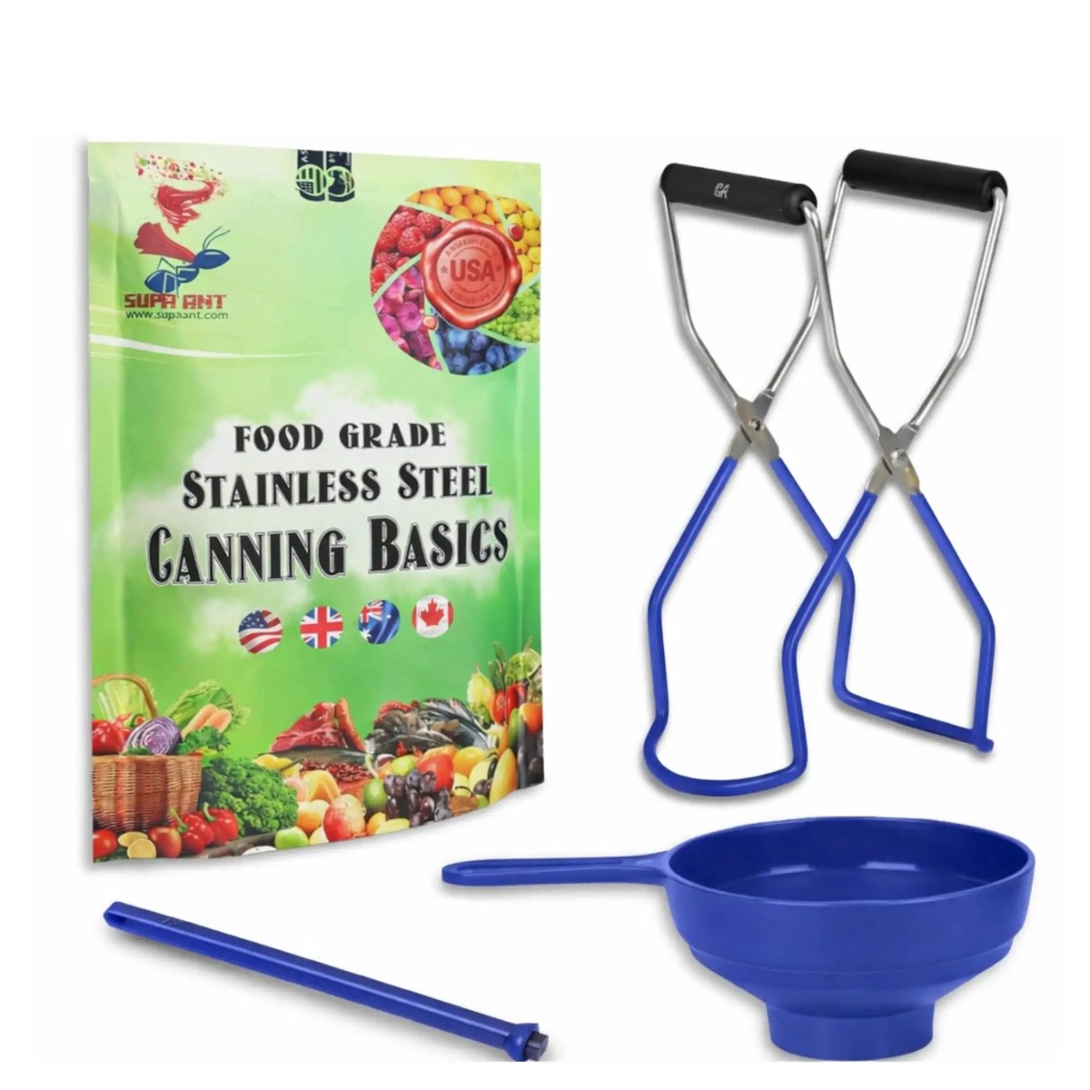 3 Piece Canning Starter Kit For Beginners With Food Grade Stainless Steel Jar Lifter Wide Mouth Funnel And Magnetic Lid Lifter Easy To Use And Durable Assembled In USA Blue