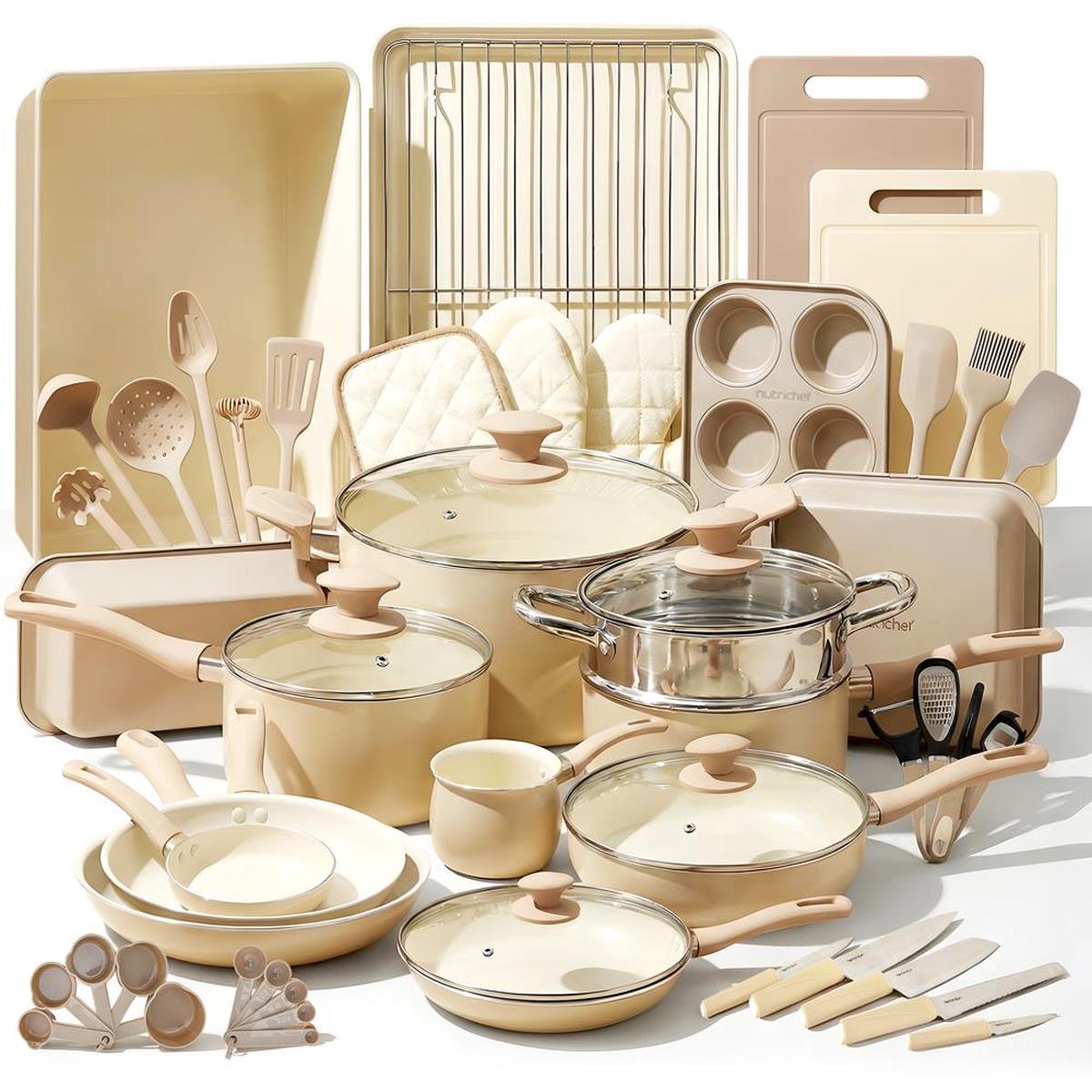 54-Piece Non-Stick Cookware Set, Even Heat Ceramic Coating, Taupe Brown
