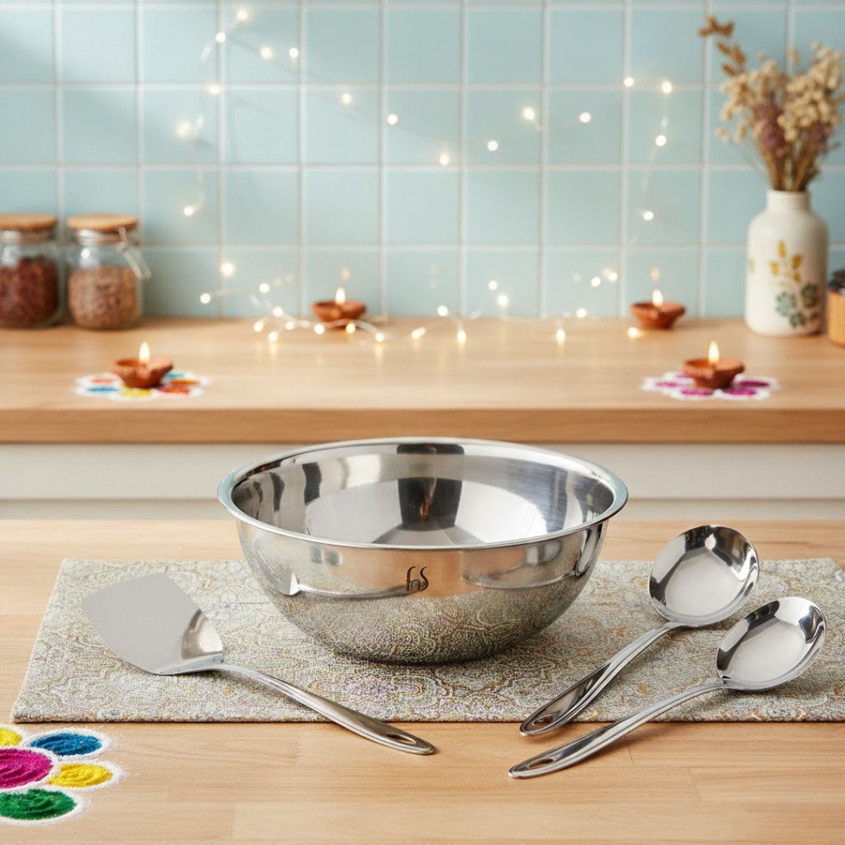 FnS Trinity Stainless Steel Serving Tools Set of 3 and NuChef Triply Tasla 24 cm Combo 3-Ply Cookware Pot with Gravy Ladle, Solid Turner & Skimmer Turner, Induction & Gas Compatible Kitchen Combo