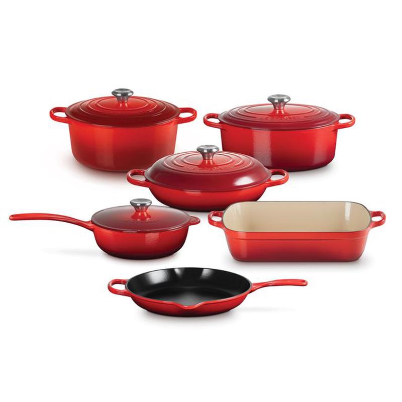 10-Piece Le Creuset Cherry Red Cerise Cast Iron Cookware Set 10-Piece Enamelled Cast Iron Cookware Set