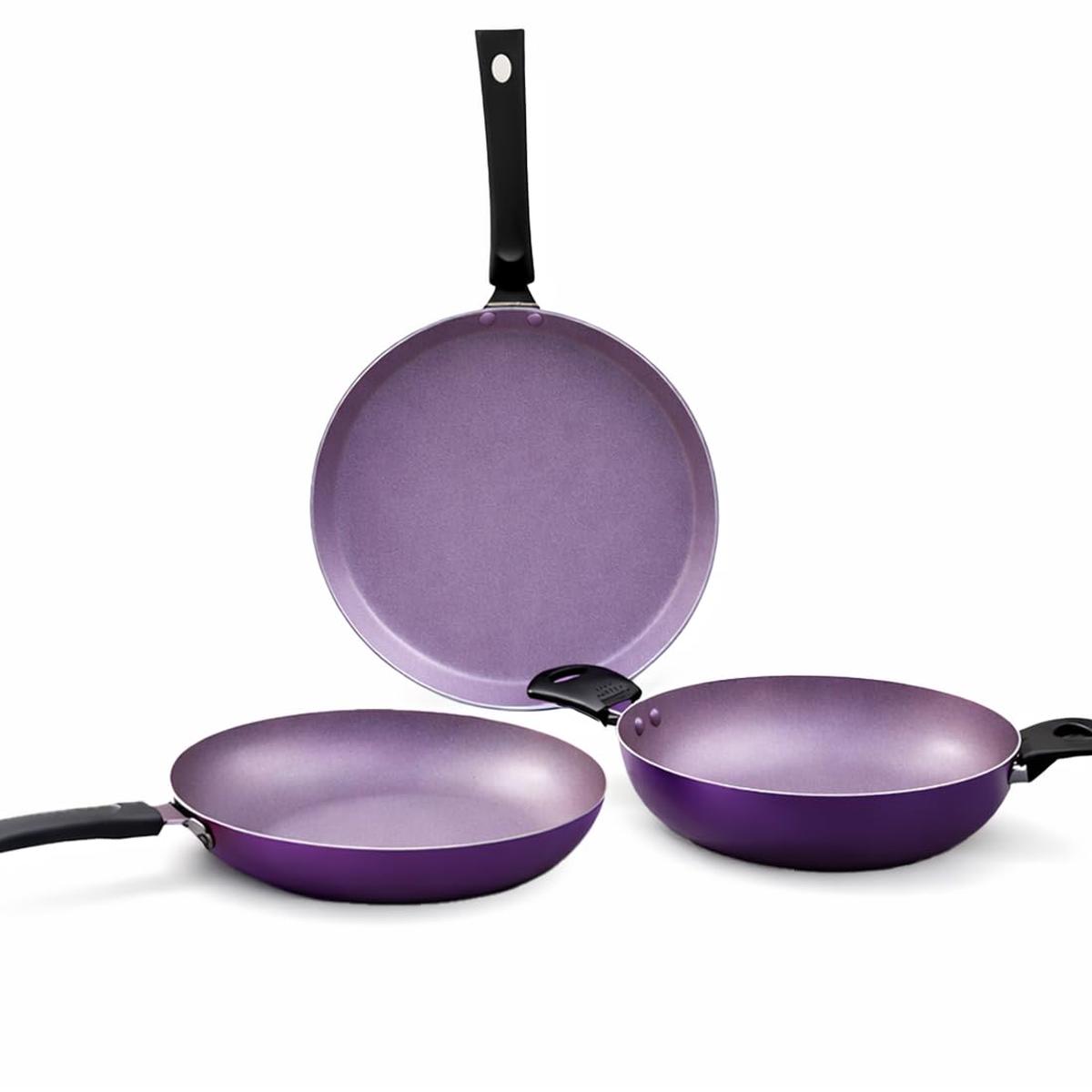 Valencia Non-Stick Cookware 3 Piece Set | Kadhai, Fry Pan, Dosa Tawa | Cool Touch Bakelite Handles | Pure Grade Aluminium| PFOA Free| 2 Years Warranty | Purple