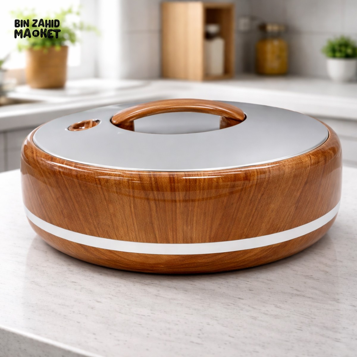 5L PREMIUM ROUND INSULATED HOT POT CASSEROLE STAINLESS STEEL INNER WITH SILVER LID & WOOD FINISH BODY THERMAL FOOD WARMER SERVING POT