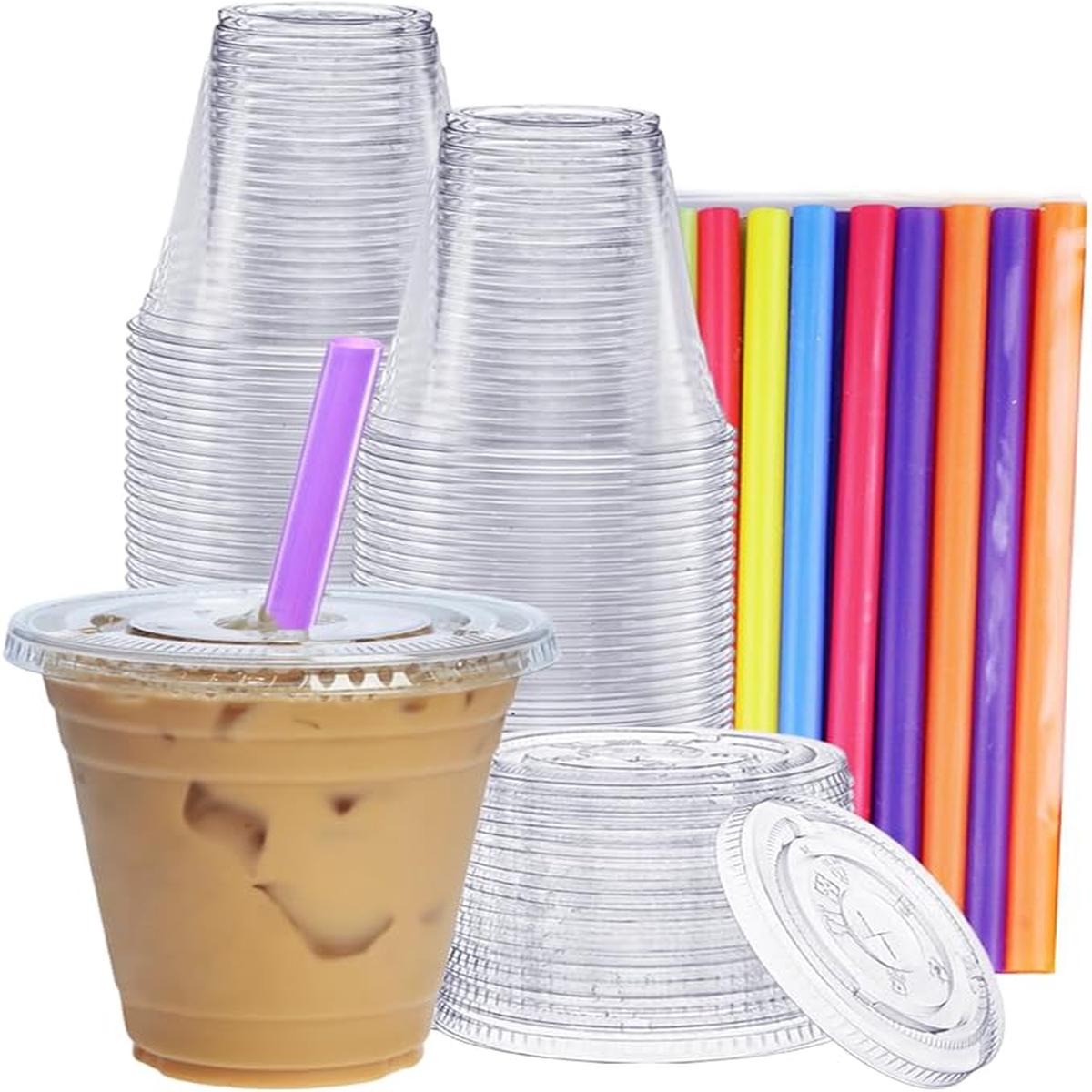 16 oz - 100 Sets Clear Cups with Flat Lids Straws - Disposable Clear Drinking Cups for Iced Coffee Cold Drinks Milkshakes and Smoothies - Formerly Comfy Package