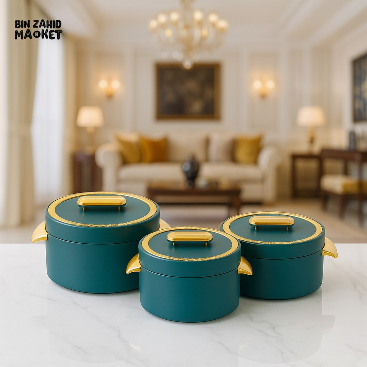 3-PIECE CASSEROLE DISH SET WITH LUXURY GOLD HANDLES PREMIUM SERVING BOWLS FOR DINING & KITCHEN USE - GREEN