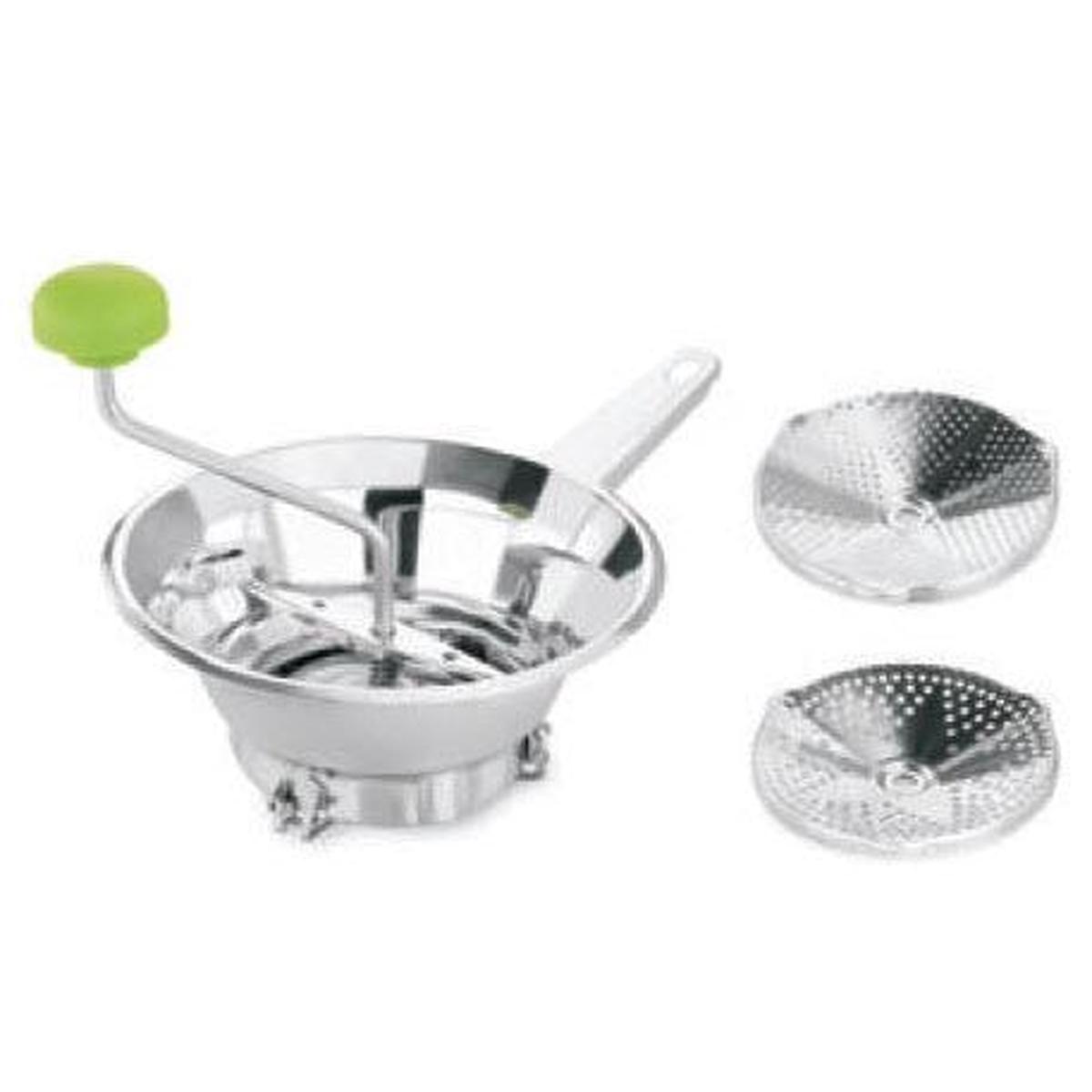 SS VEGETABLE MILL WITH GREEN KNOB 2 DISHES DIM 24 CM