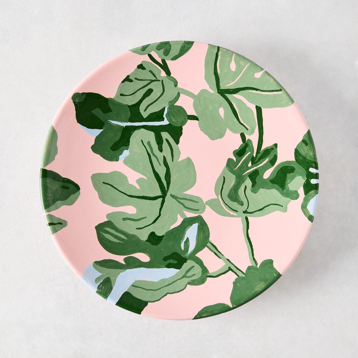 Peter Dunham Hudson Grace Hand-Painted Green Fig Leaf Pink Salad Plate