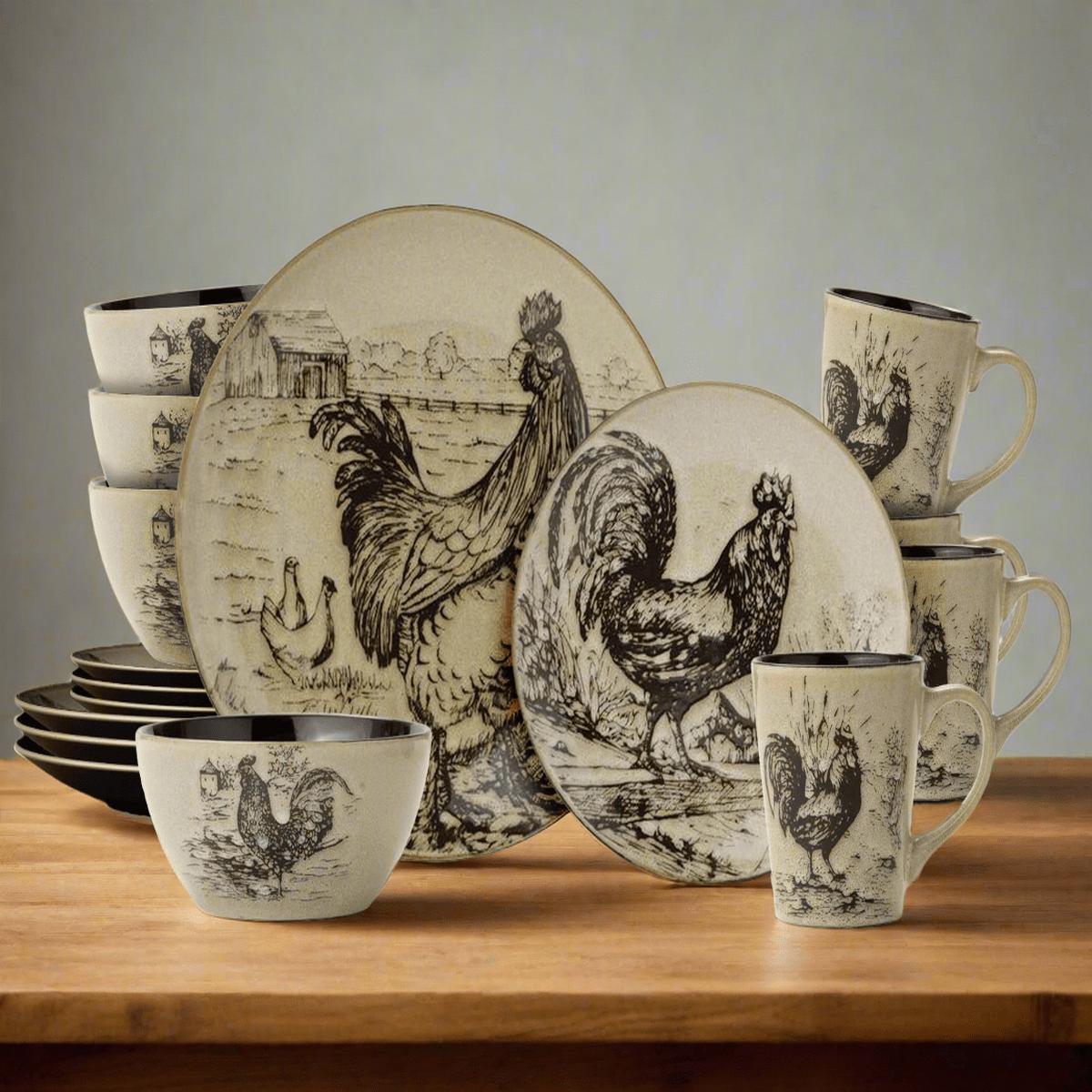 Homespun Rooster 16 Piece Dinnerware Set Service for 4