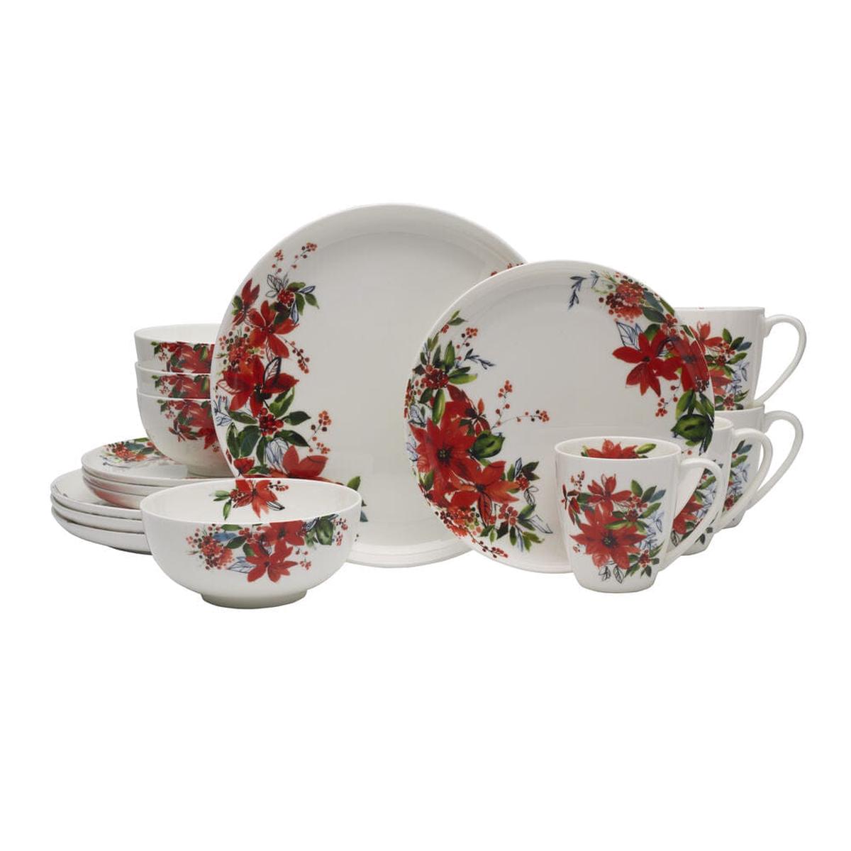 Winter Poinsettia 16 Piece Dinnerware Set Service for 4