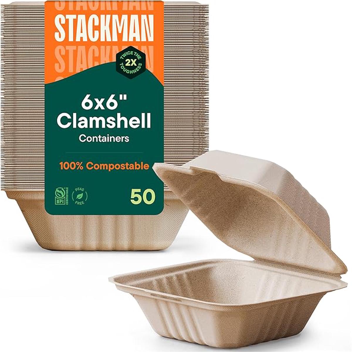 100 Compostable Clamshell Take Out Food Containers 6x6 50-Pack Heavy-Duty Quality to go Containers Natural Disposable Bagasse Eco-Friendly Biodegradable Made of Sugar Cane Fibers