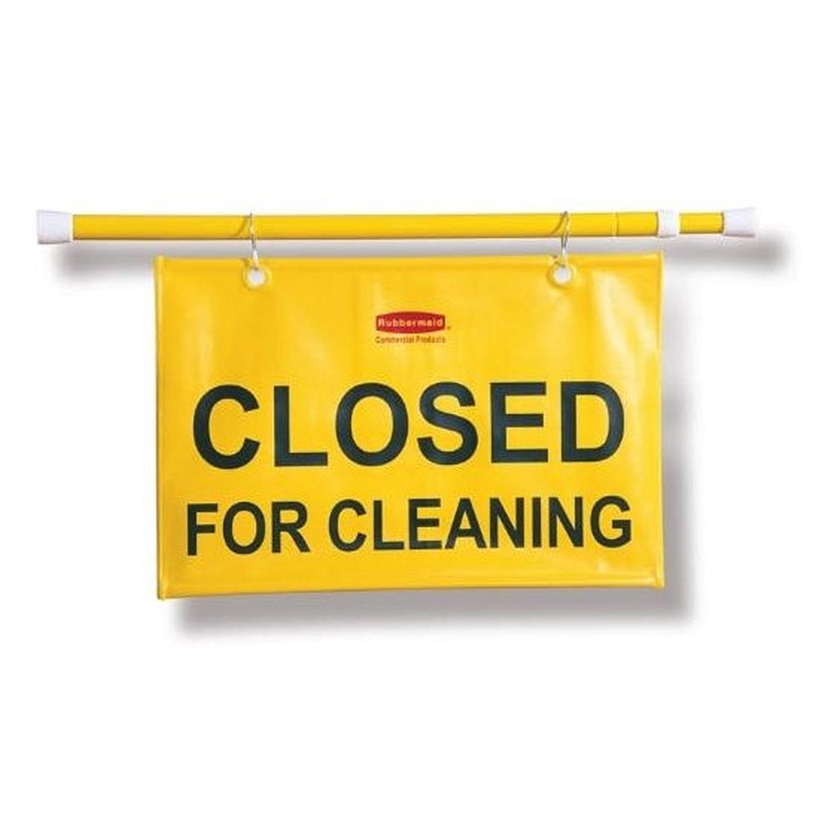 RUBBERMAID MULTILINGUAL CLOSED FOR CLEANING HANGING SITE SAFETY SIGN - YELLOW
