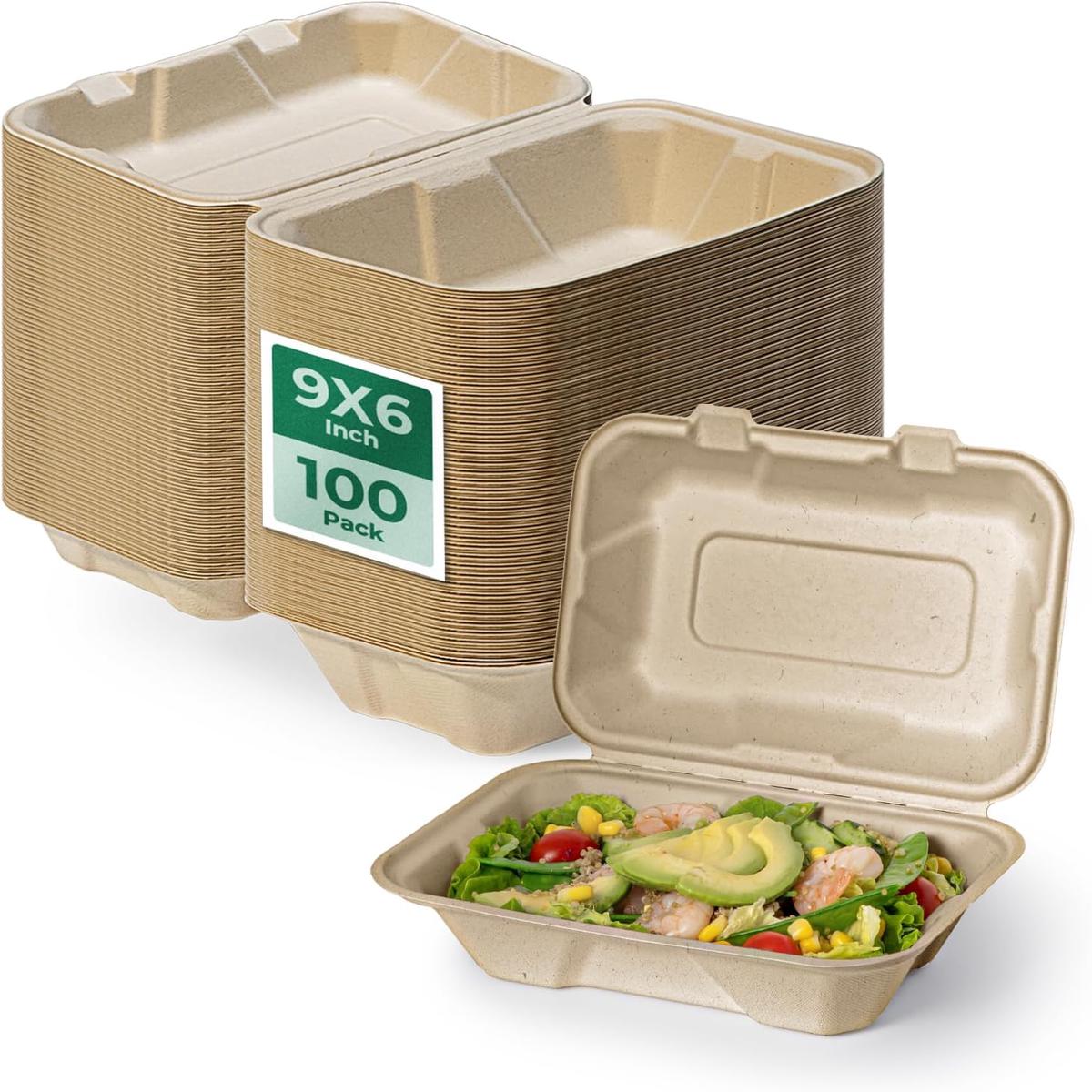 100 Pack 9x6x3 Compostable To Go Food Containers Disposable To Go Boxes Clamshell Kraft Eco Friendly 100 Biodegradable Bagasse Take Home Containers for Food Microwave Safe