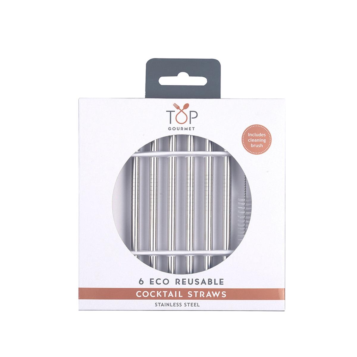 Stainless Steel Cocktail Straws 6 Piece Set w Cleaning Brush